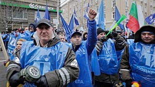 Bulgarian coal miners and engery workers rally as they demand government guarantees for preserving their jobs, in Sofia, Bulgaria.