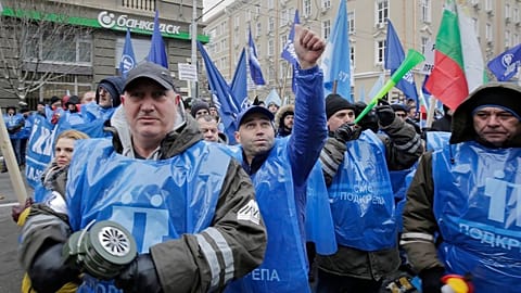 Bulgarian coal miners and engery workers rally as they demand government guarantees for preserving their jobs, in Sofia, Bulgaria.