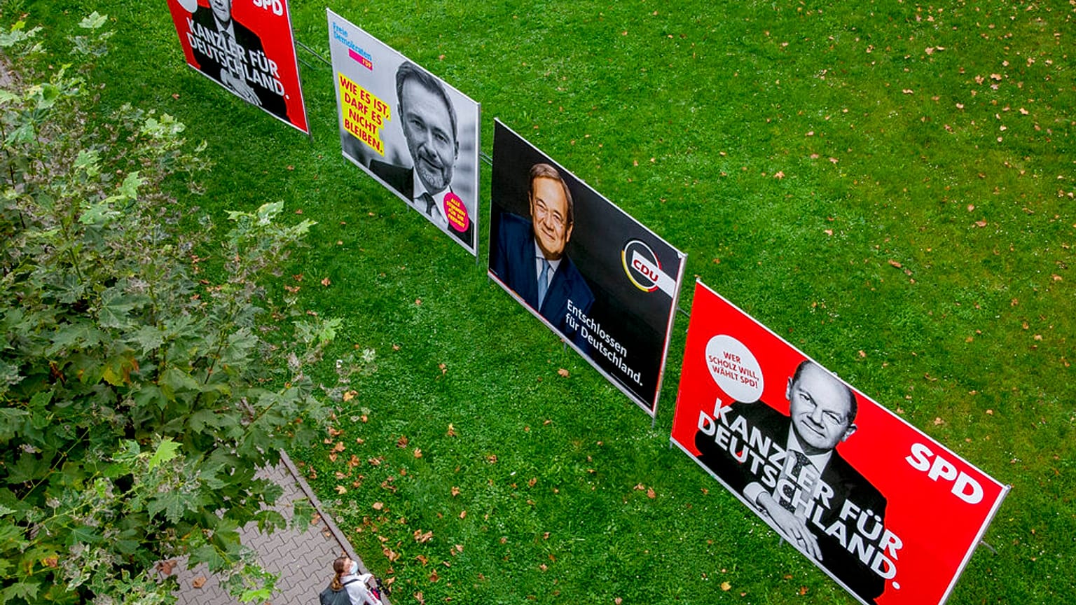 Adds for Germany's main politcal parties are  displayed in Frankfurt, Germany, Wednesday, Sept. 15, 2021. 