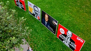 Adds for Germany's main politcal parties are  displayed in Frankfurt, Germany, Wednesday, Sept. 15, 2021. 