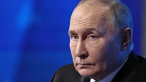 Russian President Vladimir Putin attends the annual congress of the Russian Union of Industrialists and Entrepreneurs in Moscow, Russia, Thursday, April 25, 2024. 