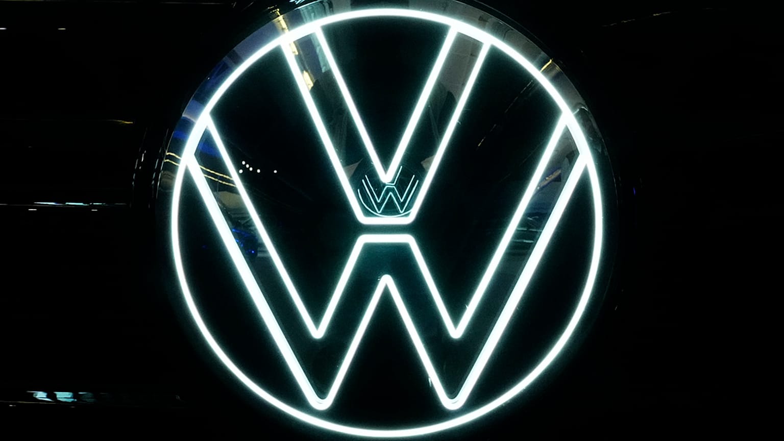 This is the Volkswagen logo on a Volkswagen automobile on display at the Pittsburgh International Auto Show in Pittsburgh, Feb. 15, 2024.