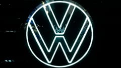 This is the Volkswagen logo on a Volkswagen automobile on display at the Pittsburgh International Auto Show in Pittsburgh, Feb. 15, 2024.
