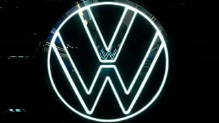 This is the Volkswagen logo on a Volkswagen automobile on display at the Pittsburgh International Auto Show in Pittsburgh, Feb. 15, 2024.