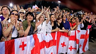 طرفداران حزب حاکم در تظاهرات دوشنبه شب ۲۹ آوریل در تفلیس