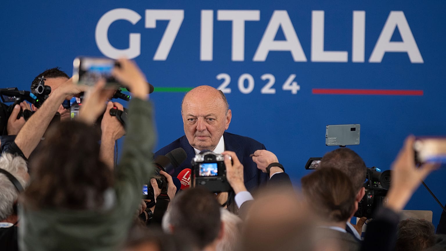 Italy's Environment and Energy Security Minister Gilberto Pichetto Fratin during G7 press conference in Turin, Italy (Alberto Gandolfo/LaPresse via AP)