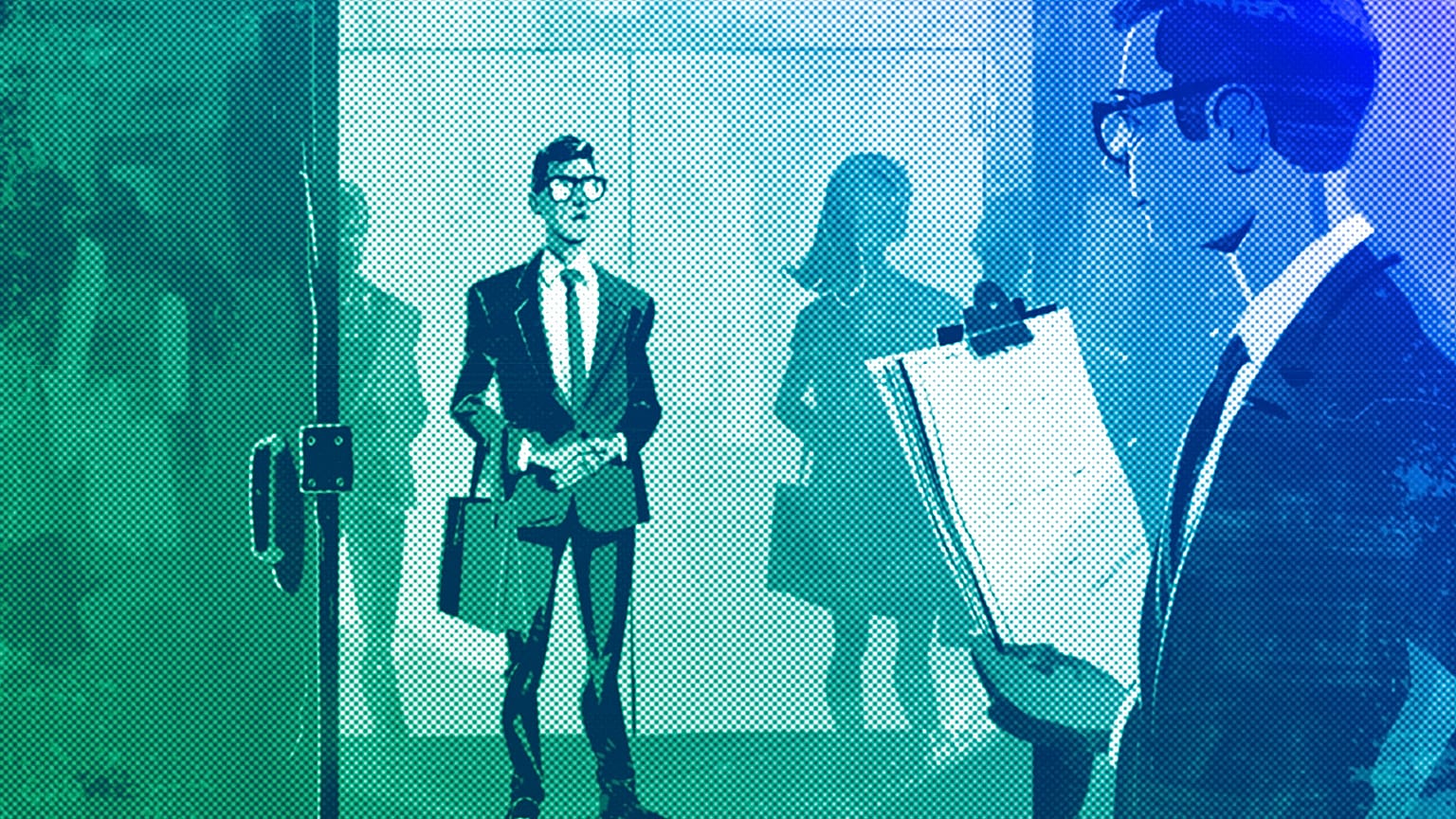 Uma pessoa na fila para uma entrevista de emprego, ilustração