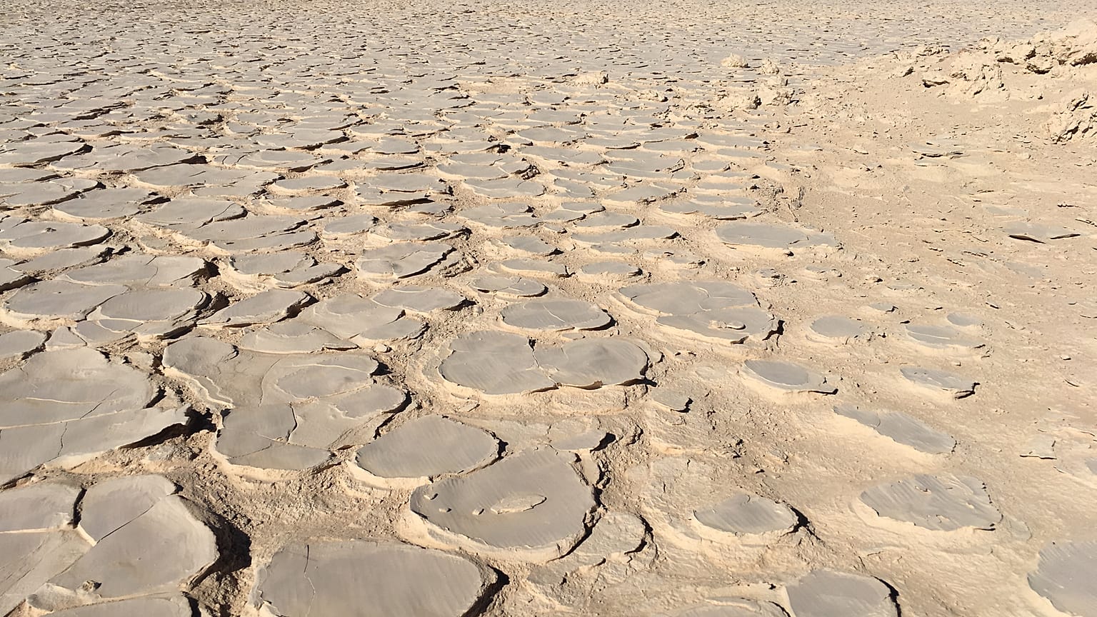 The desert landscape of the Yungay Playas with the typical pattern of parched ground.