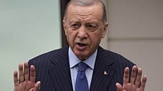 Turkish President Recep Tayyip Erdogan speaks to the media following the Friday noon prayer in Istanbul, Turkey. May 3, 2024.