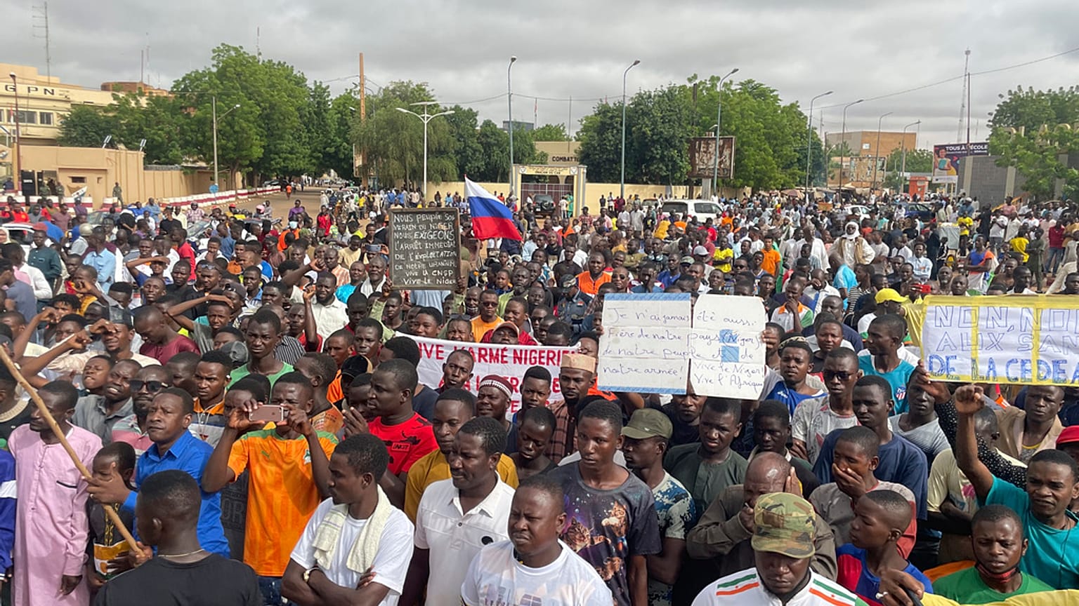 Supporters of Niger's ruling junta gather for a protest called to fight for the country's freedom and push back against foreign interference, in Niamey, Niger, Aug. 3, 2023.