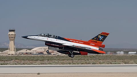 The X-62A VISTA aircraft, an experimental AI-enabled Air Force F-16 fighter jet, takes off on Thursday, May 2, 2024, at Edwards Air Force Base, California.