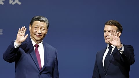 French President Emmanuel Macron and Chinese President Xi Jinping attend the 6th meeting of the Franco-Chinese Business Council in Paris, May 6 2024