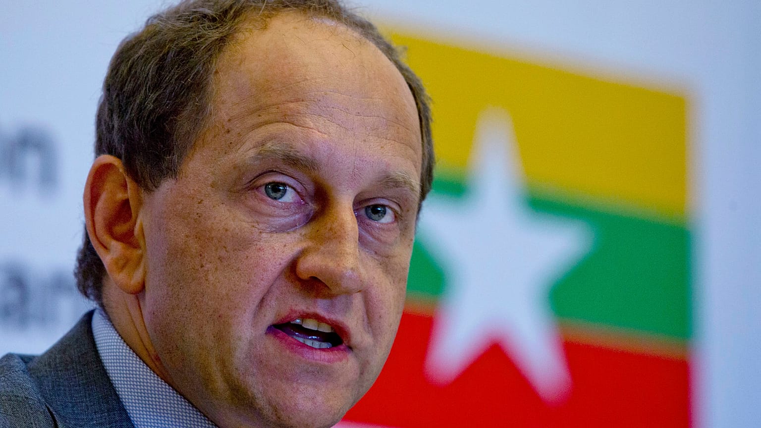 Then European Union Election Observation Mission to Myanmar chief Alexander Graf Lambsdorff speaks during a press briefing in Yangon, Myanmar.