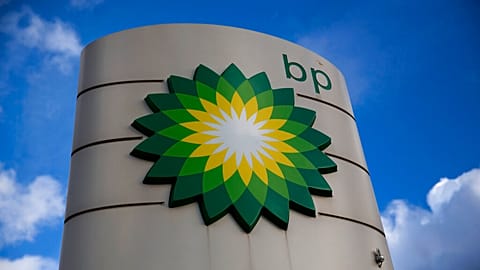 This Thursday, Jan. 15, 2015 file photo shows a BP logo outside a petrol station in the town of Bletchley in Buckinghamshire, England. 
