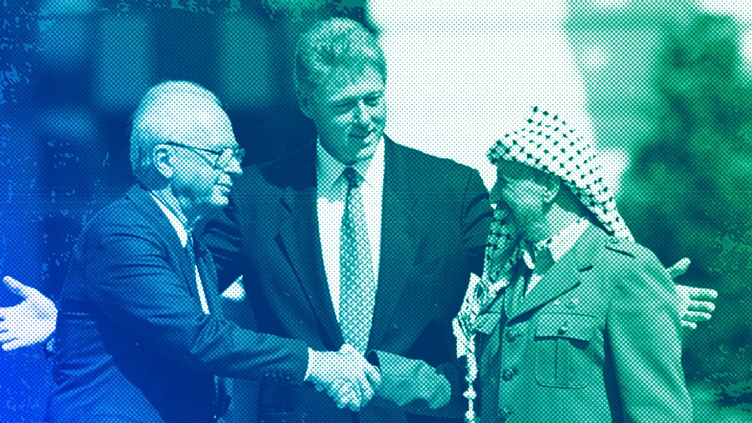 Israeli Prime Minister Yitzhak Rabin and Palestinian leader Yasser Arafat shake hands marking the signing of peace accord in Washington, September 1993