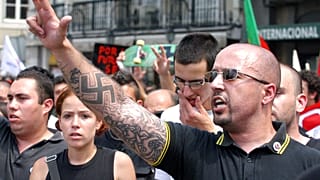 Mário Machado durante uma manifestação da extrema-direita em Lisboa, sábado, 18 de junho de 2005