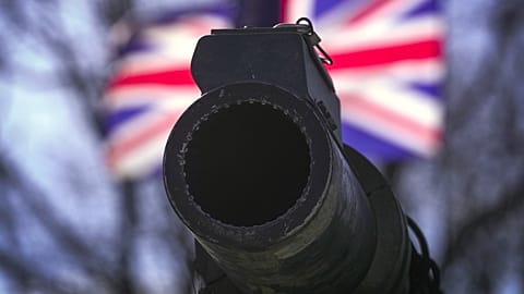 A cannon in front of a UK flag during a celebration of the 20th anniversary of Estonia's NATO membership. Tallinn, Estonia, April 4, 2024.