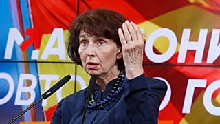 Gordana Siljanovska Davkova, presidential candidate backed by the nationalist VMRO-DPMNE party, speaks during a news conference in Skopje, 8 May 2024