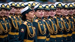 Russian servicewomen march during the Victory Day military parade in Moscow, Russia, Thursday, May 9, 2024.