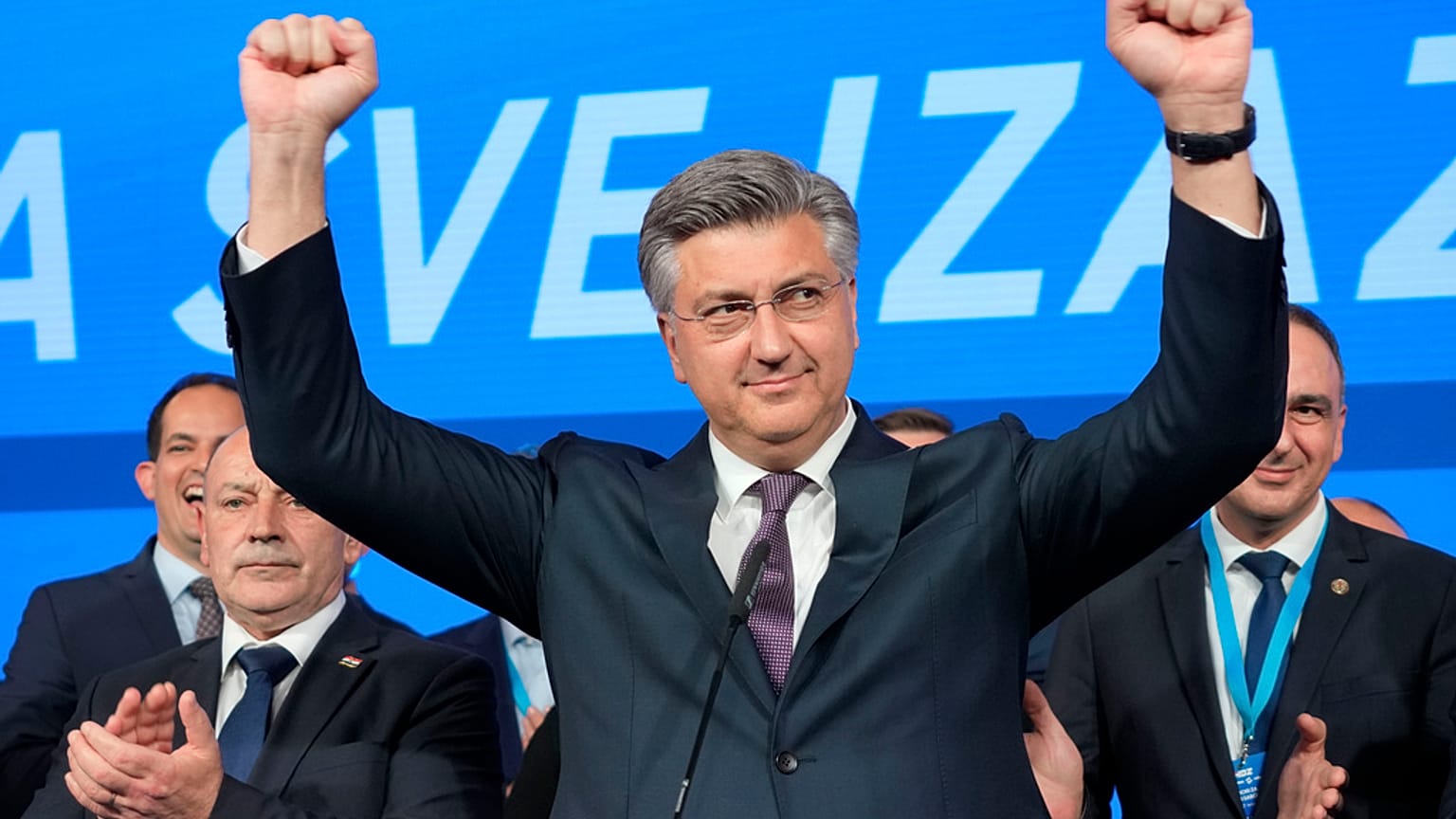 Prime Minister incumbent Andrej Plenkovic celebrates after claiming victory in a parliamentary election in Zagreb, Croatia, Thursday, April 18, 2024.
