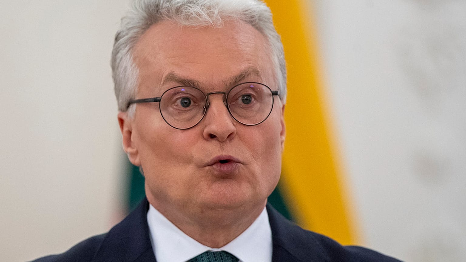 Lithuanian President Gitanas Nauseda speaks during a joint media conference with Dutch PM Mark Rutte at the Presidential palace in Vilnius, Lithuania, on April 2, 2024.