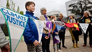 People demonstrate outside the European Court of Human Rights.