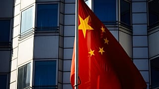 The Chinese national frag waves in front of the country's embassy in Berlin, Tuesday, April 23, 2024. 