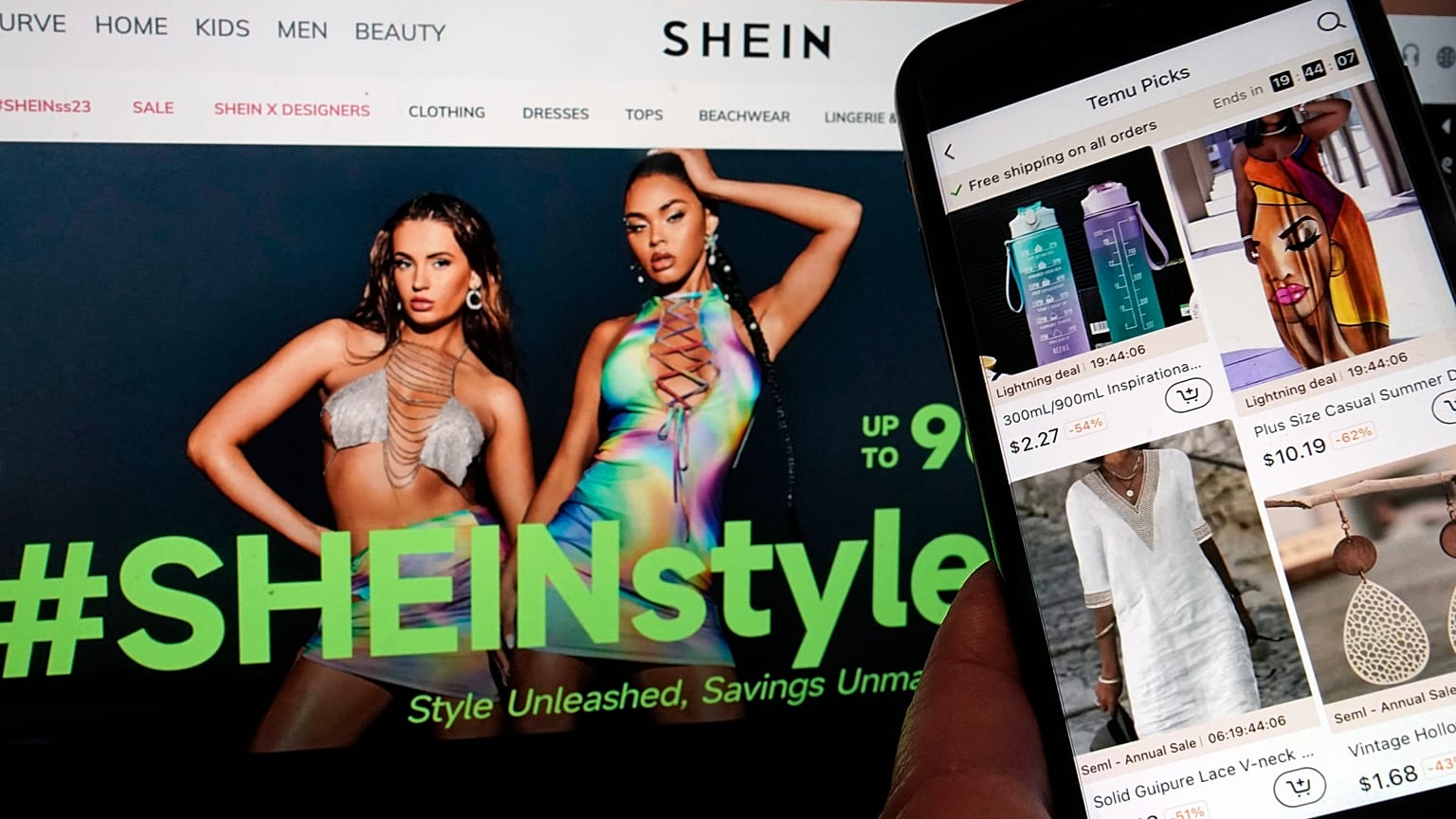  Pages from the Shein website, left, and from the Temu site, right, are shown in this photo, in New York, Friday, June 23, 2023.