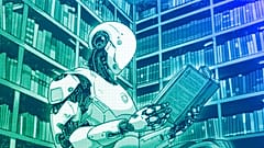 An AI-powered android translates a book, illustration