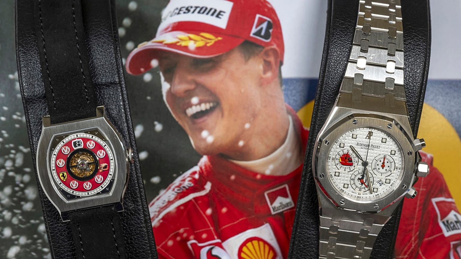 Two watches belonging to Michael Schumacher are on display: F.P., left, Journe, Invenit et Fecit, piece Unique, Vagabondage 1 Model