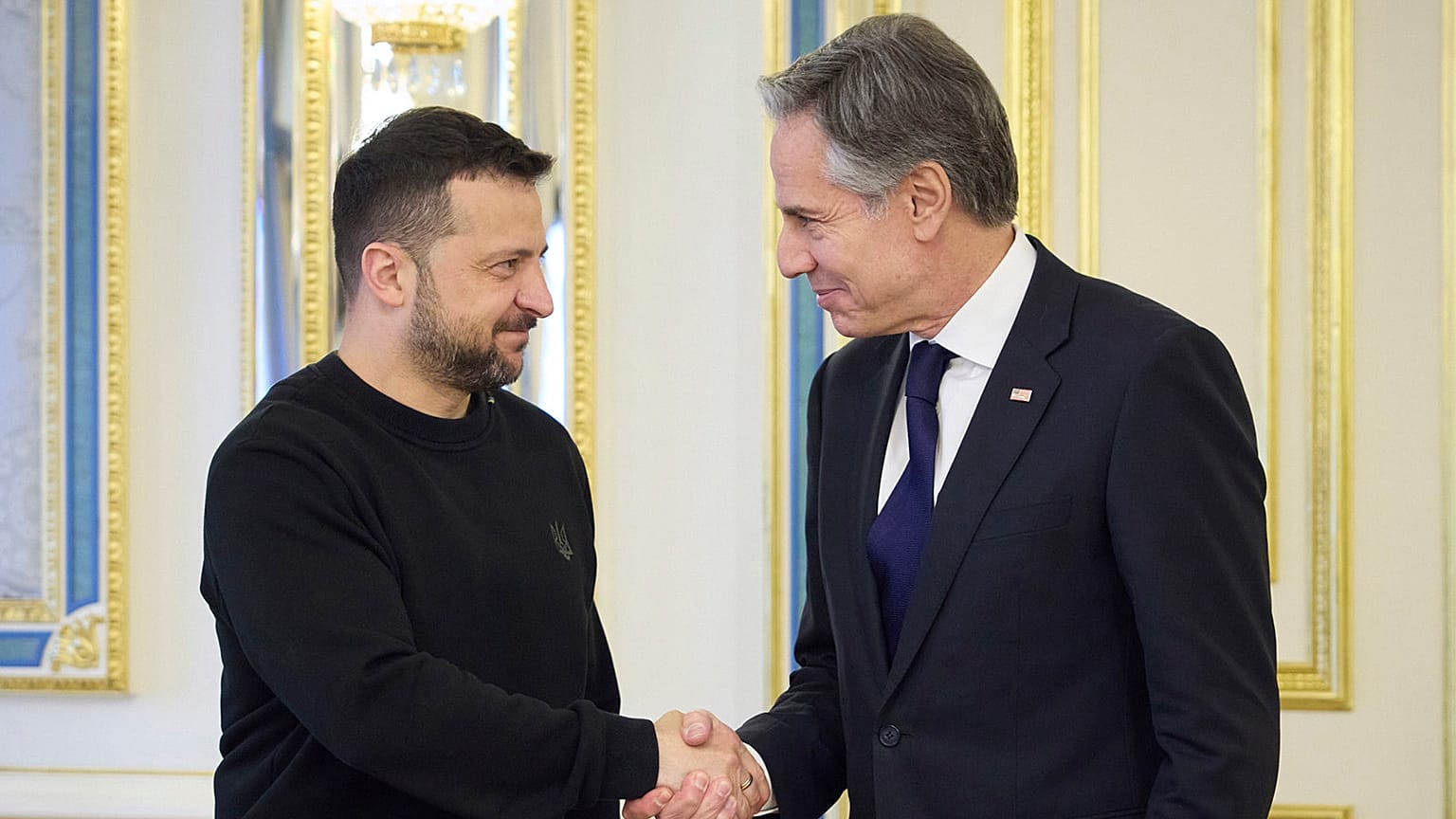 Ukraine's President Volodymyr Zelenskyy greets US Secretary of State Antony Blinken prior to their meeting in Kyiv, 14 May 2024