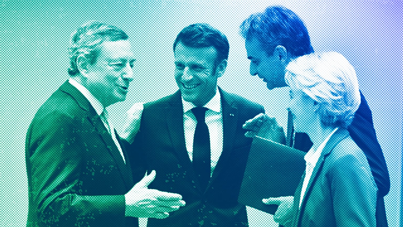 Italy's Mario Draghi, French President Emmanuel Macron, GreekPM Kyriakos Mitsotakis and European Commission President Ursula von der Leyen in Brussels, October 2022