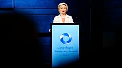 European Commission President Ursula von der Leyen speaks during the democracy summit Copenhagen Democracy Summit in Copenhagen, Tuesday, May 14, 2024. 