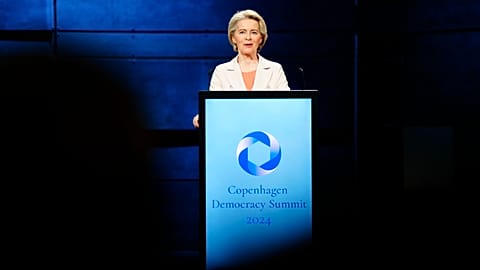 European Commission President Ursula von der Leyen speaks during the democracy summit Copenhagen Democracy Summit in Copenhagen, Tuesday, May 14, 2024. 