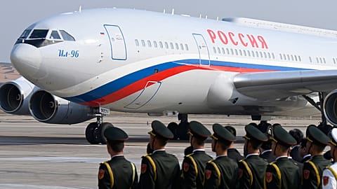 The airplane carrying Russia's President Vladimir Putin arrives at Beijing Capital International Airport ahead of the third Belt and Road Forum, 17 October 2023