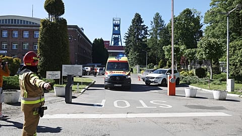 An ambulance is leaving the Myslowice-Wesola coal mine in Myslowice, southern Poland, Tuesday, May 14, 2024 