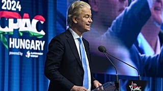 Chairman of the Dutch Freedom Party Geert Wilders speaks at the third Hungarian edition of the Conservative Political Action Conference (Zoltan Mathe/MTI via AP)