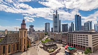 Frankfurt aerial view city skyline at business district skyscraper, Frankfurt Germany