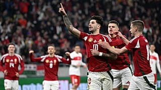 Szoboszlai Dominik gólöröme a Magyarország-Törökország mérkőzésen a Puskás Arénában 2024. március 22-én. Mellette Kerkez Milos és Varga Barnabás