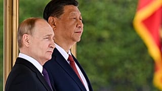 Chinese President Xi Jinping, right, and Russian President Vladimir Putin attend an official welcome ceremony in Beijing, China, on Thursday, May 16, 2024.