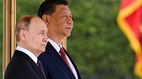 Chinese President Xi Jinping, right, and Russian President Vladimir Putin attend an official welcome ceremony in Beijing, China, on Thursday, May 16, 2024.