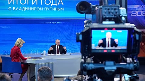 Russian President Vladimir Putin speaks during his annual news conference in Moscow, Russia, Thursday, Dec. 14, 2023.