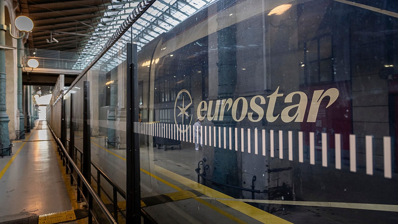 All change: The logo of a Eurostar train at Gare du Nord train station in Paris