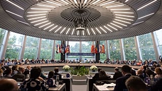 File -President of the Committee of Ministers of the Council of Europe, Dominique Hasler, center, opens the 133rd session of the Committee of Ministers at the European Council