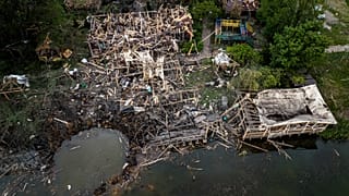 Destroyed resort compound is seen from above after a Russian rocket attack near Kharkiv, Ukraine, Sunday, May 19, 2024.