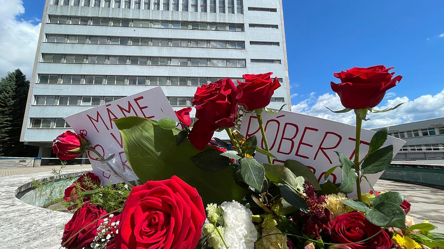 Flowers are placed outside the F. D. Roosevelt University Hospital, where Slovak Prime Minister Robert Fico, who was shot and injured, is being treated, in Banska Bystrica.