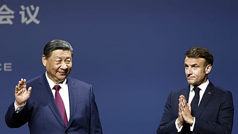 French President Emmanuel Macron and Chinese President Xi Jinping attend a Franco-Chinese Business Council meeting at the Marigny Theater, in Paris. 6 May 2024.