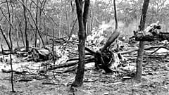 ARCHIVO - En esta foto de archivo del 19 de septiembre de 1961, buscadores caminan entre los restos dispersos de un avión DC6B en un bosque cerca de Ndola, Zambia.
