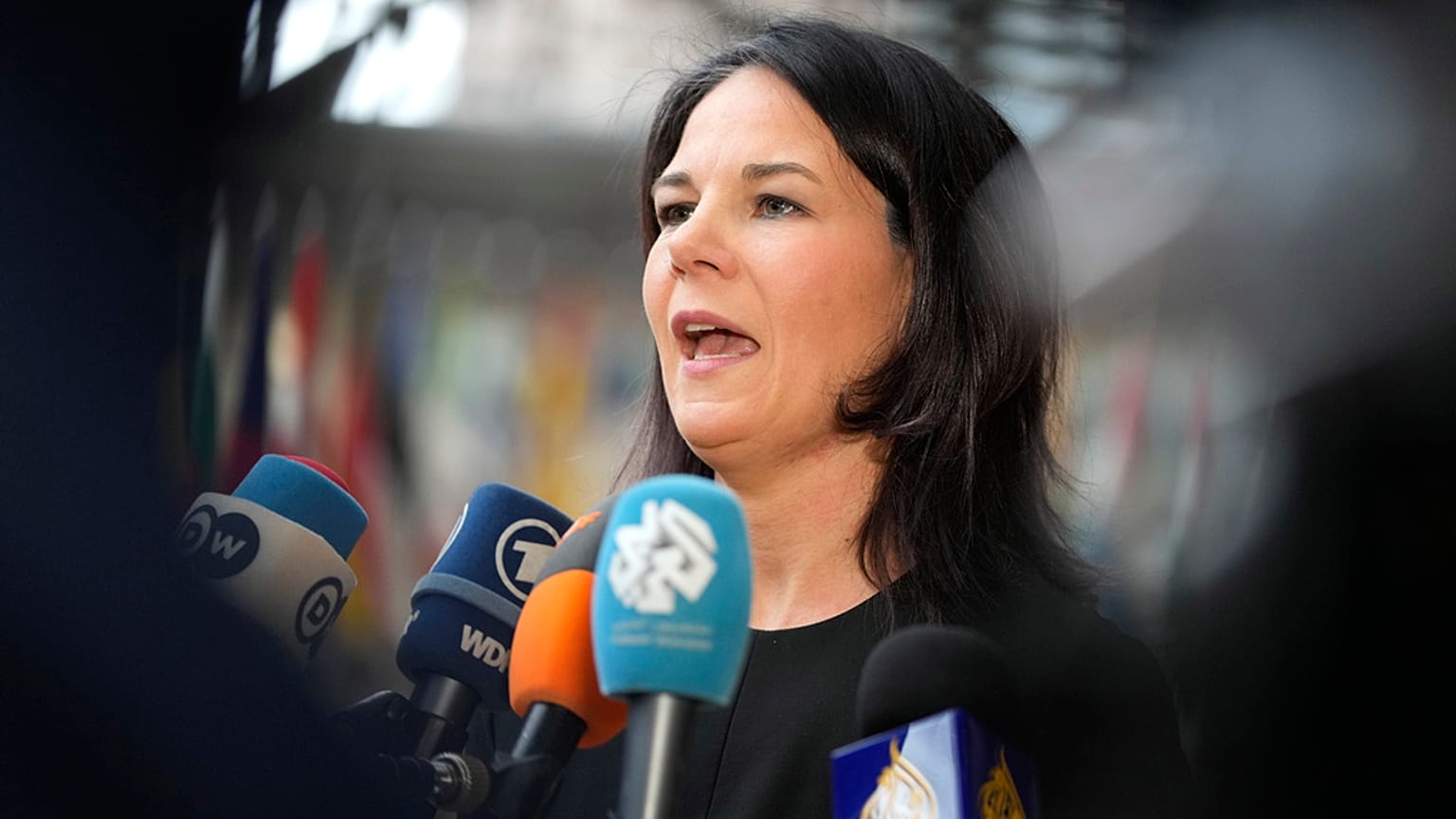 Germany's Foreign Minister Annalena Baerbock speaks with the media, in Brussels, Monday, March 18, 2024.
