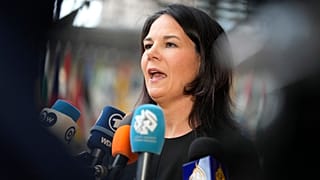 Germany's Foreign Minister Annalena Baerbock speaks with the media, in Brussels, Monday, March 18, 2024.